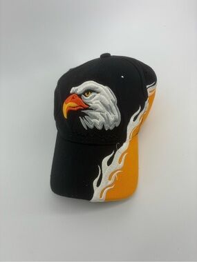 Eagle Embroidered Santo Cap Black Baseball Hat with Orange Trim
